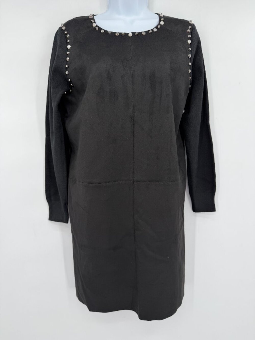 Sofia Made in Italy Black Pearl Stud Embellished Sweater Mini Dress Faux Suede
